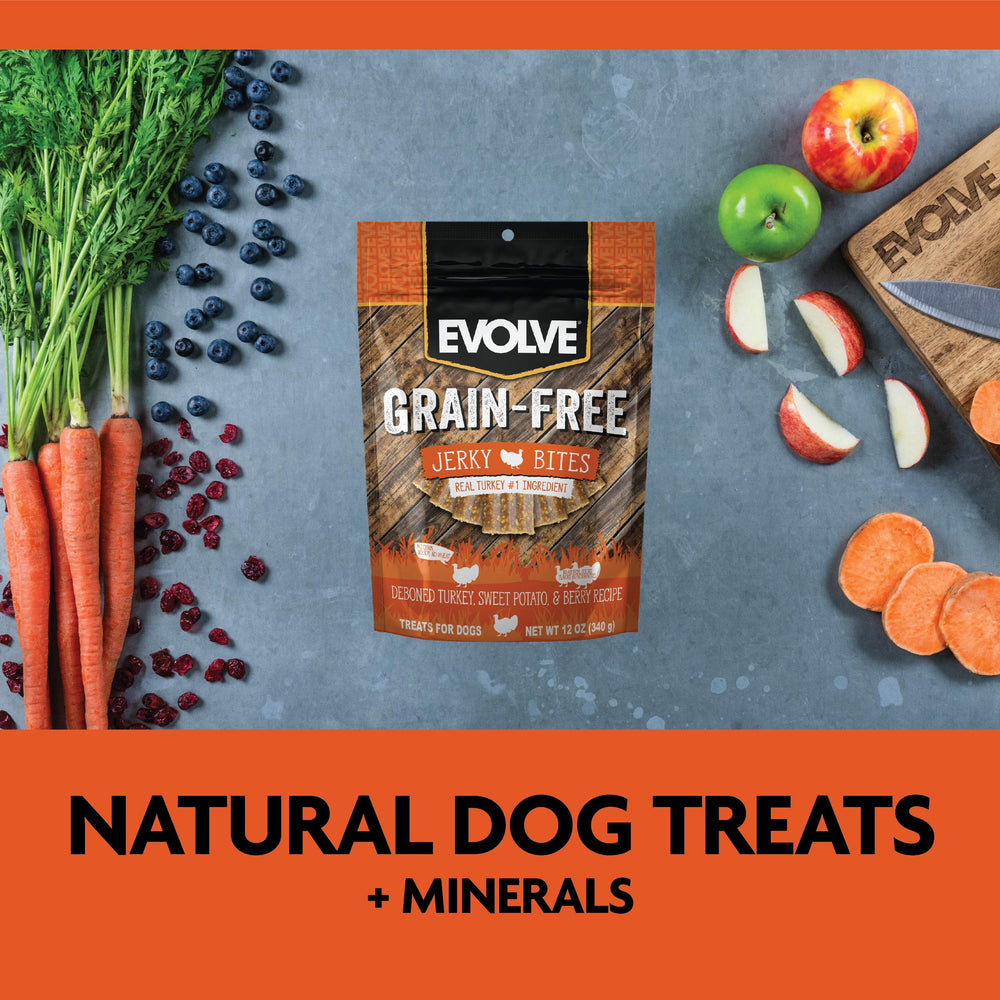 Evolve bouchees dinde pois fruits rouges moelleuses, texture agreable pour jeunes chiens.