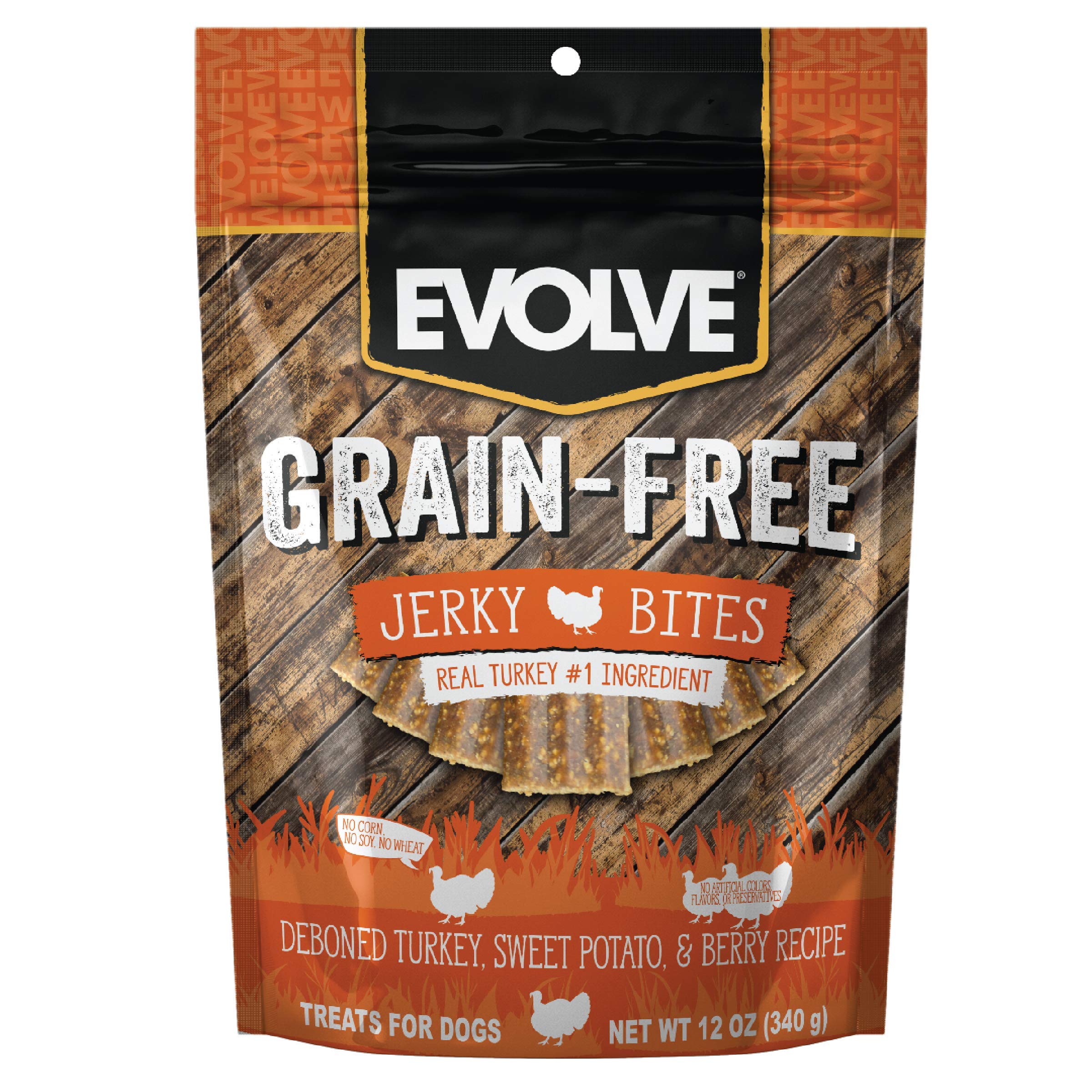Friandises Evolve bouchées dinde avec pois et fruits rouges pour recompenser votre chien.