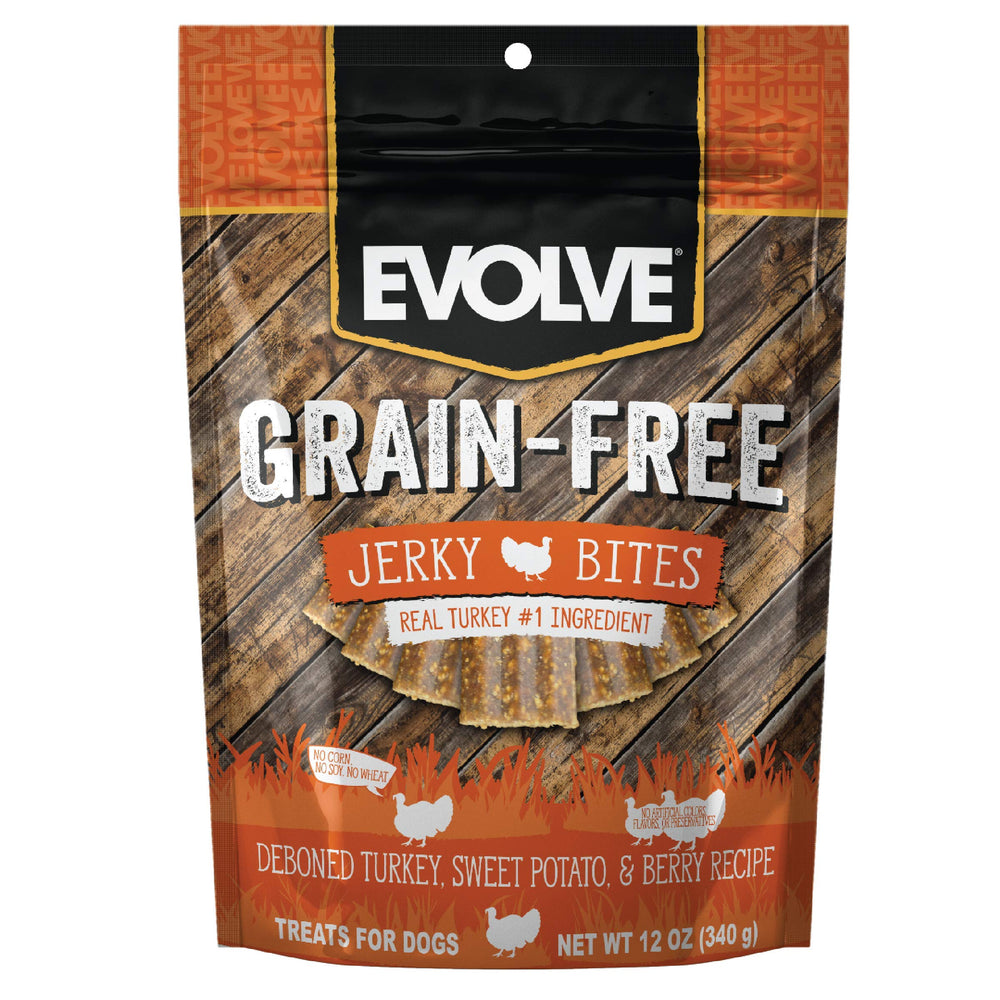 Friandises Evolve bouchées dinde avec pois et fruits rouges pour recompenser votre chien.