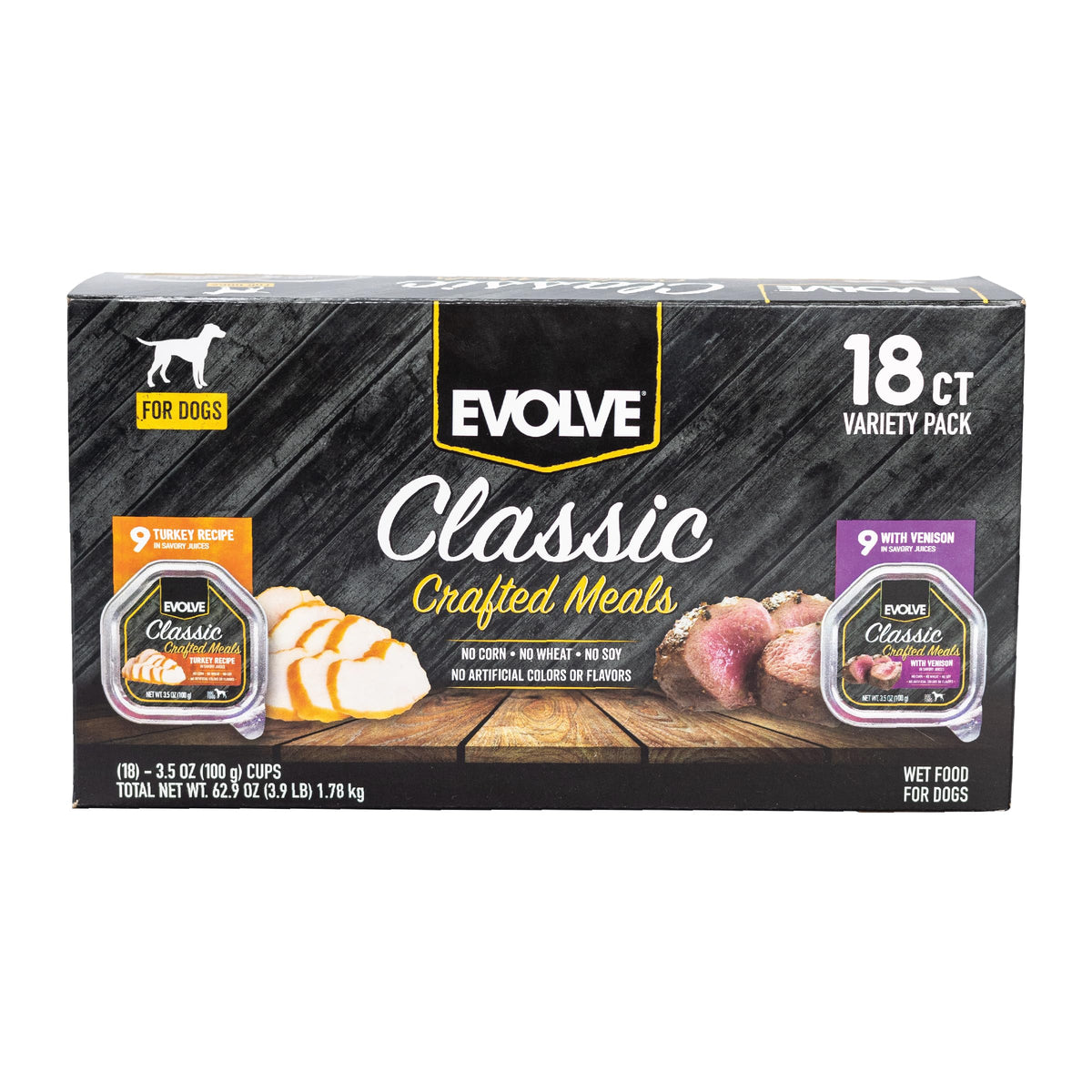 Evolve Classic Dinde et Venaison, boîte ouverte révélant une texture appétissante pour chien.