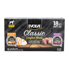 Evolve Classic Dinde et Venaison, boîte ouverte révélant une texture appétissante pour chien.