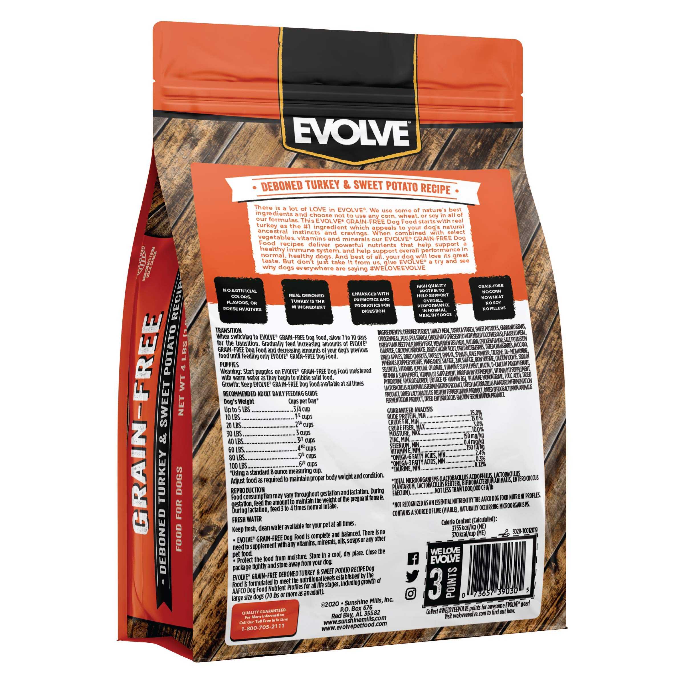 Sac ouvert Evolve sans céréales dinde et patate douce montre texture naturelle