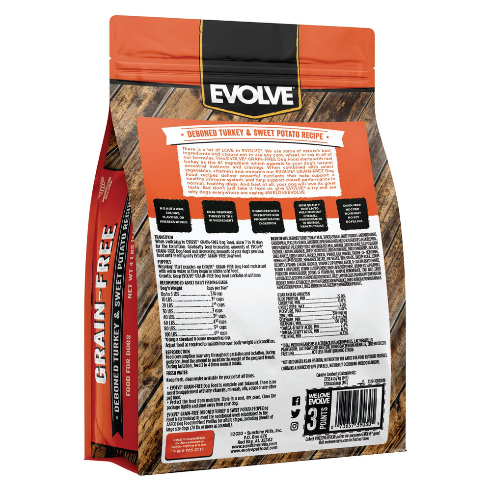 Sac ouvert Evolve sans céréales dinde et patate douce montre texture naturelle