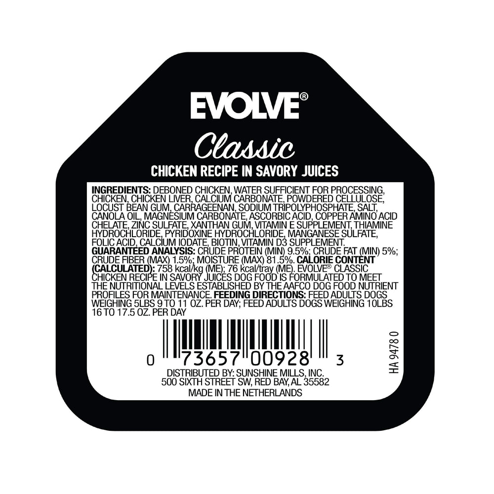 Étiquette Evolve Poulet Classique, ingrédients visibles pour une saveur riche.