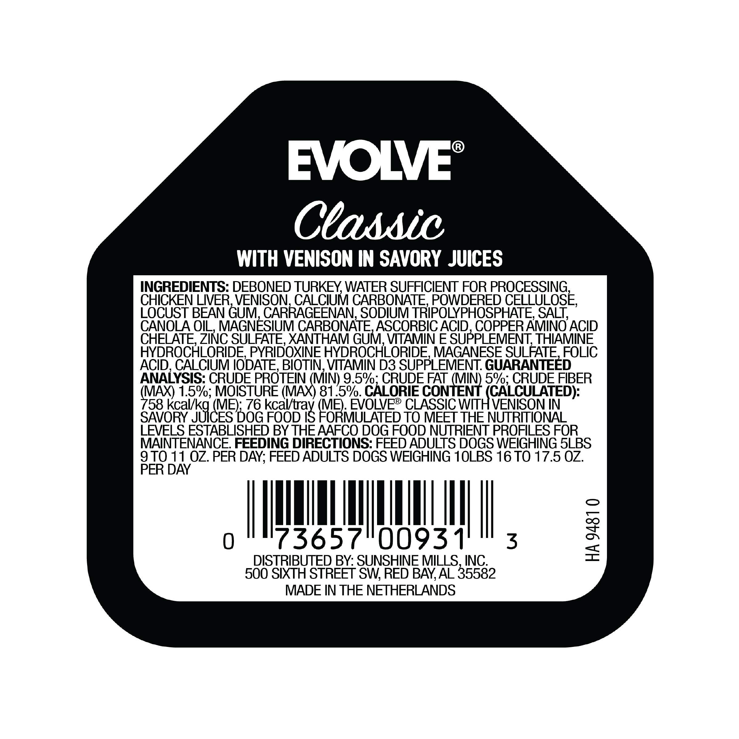 Nourriture humide Evolve venaison et saumon, goût riche pour chiens gourmands.