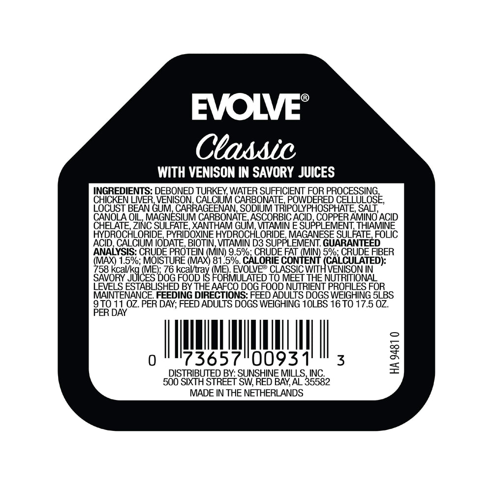 Nourriture humide Evolve venaison et saumon, goût riche pour chiens gourmands.
