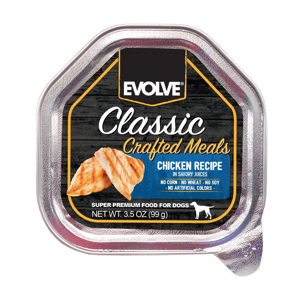 Boîte Evolve Poulet Classique, repas appétissant pour chien de petite taille.