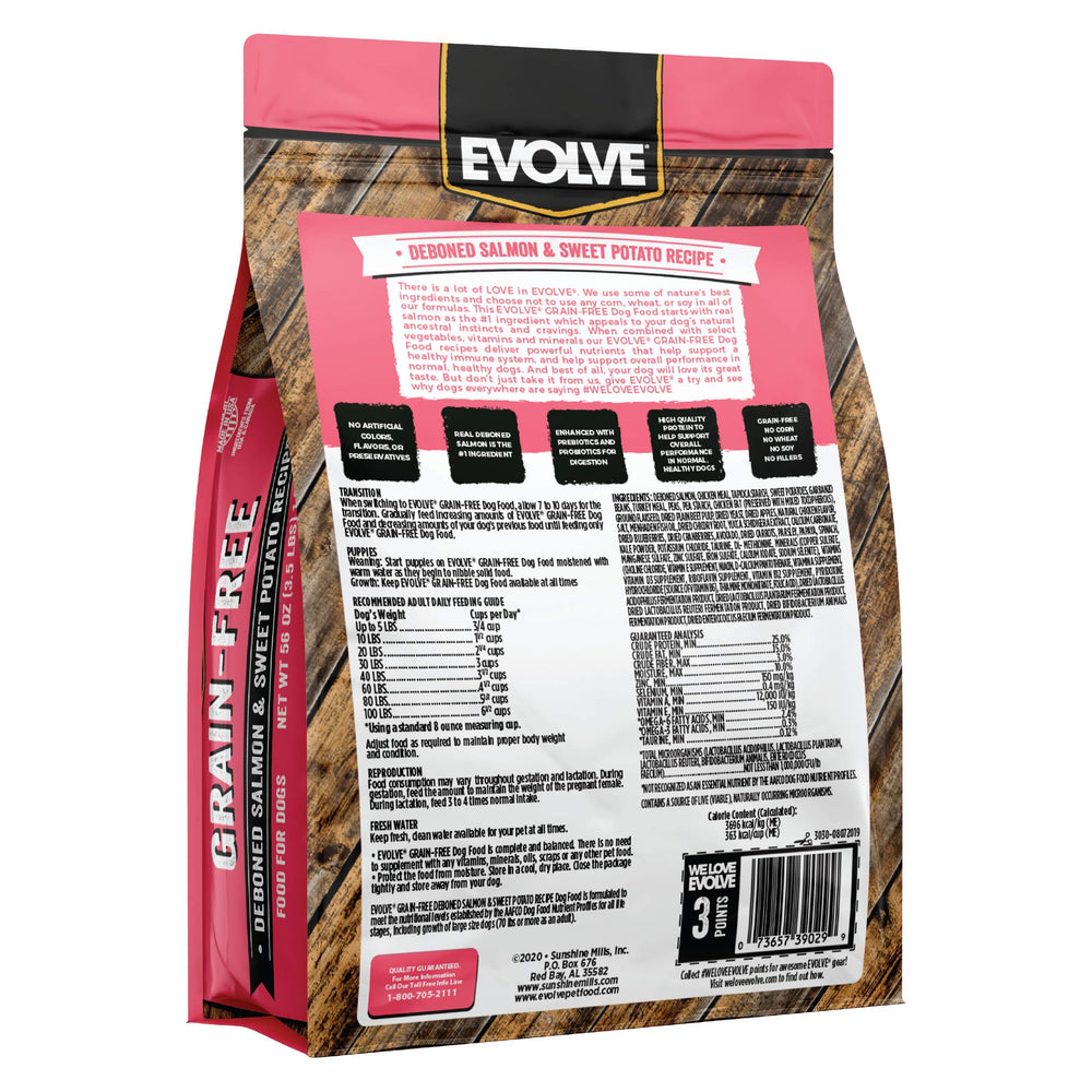 Assiette du chien: Evolve saumon désossé, goût riche et appétence naturelle.