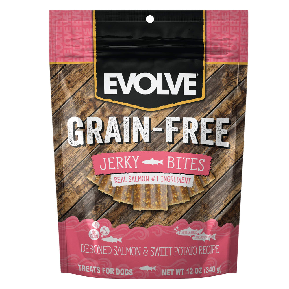 Evolve saumon-patates-douces-emballage: présentation attrayante du snack savoureux pour chiens.
