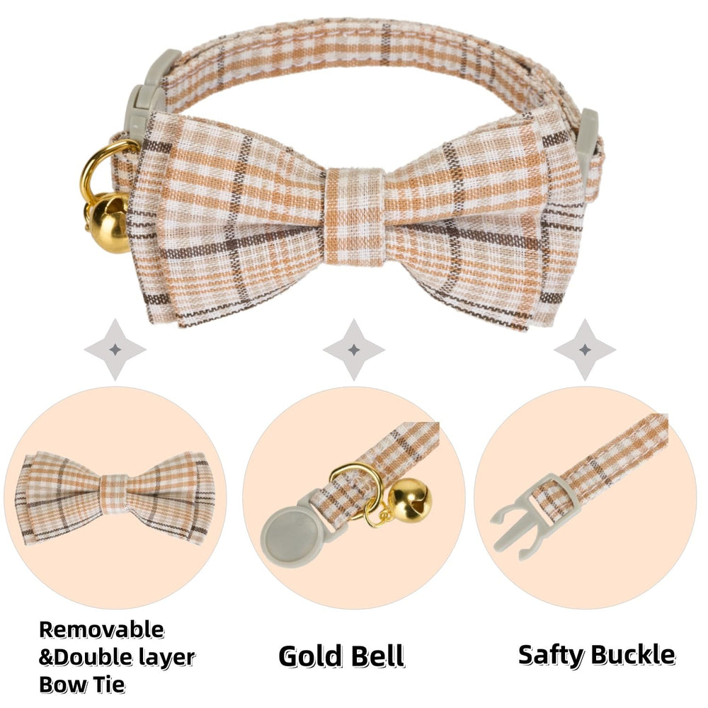 Ewinoom collier avec noeud papillon plaid beige pour félins élégants.