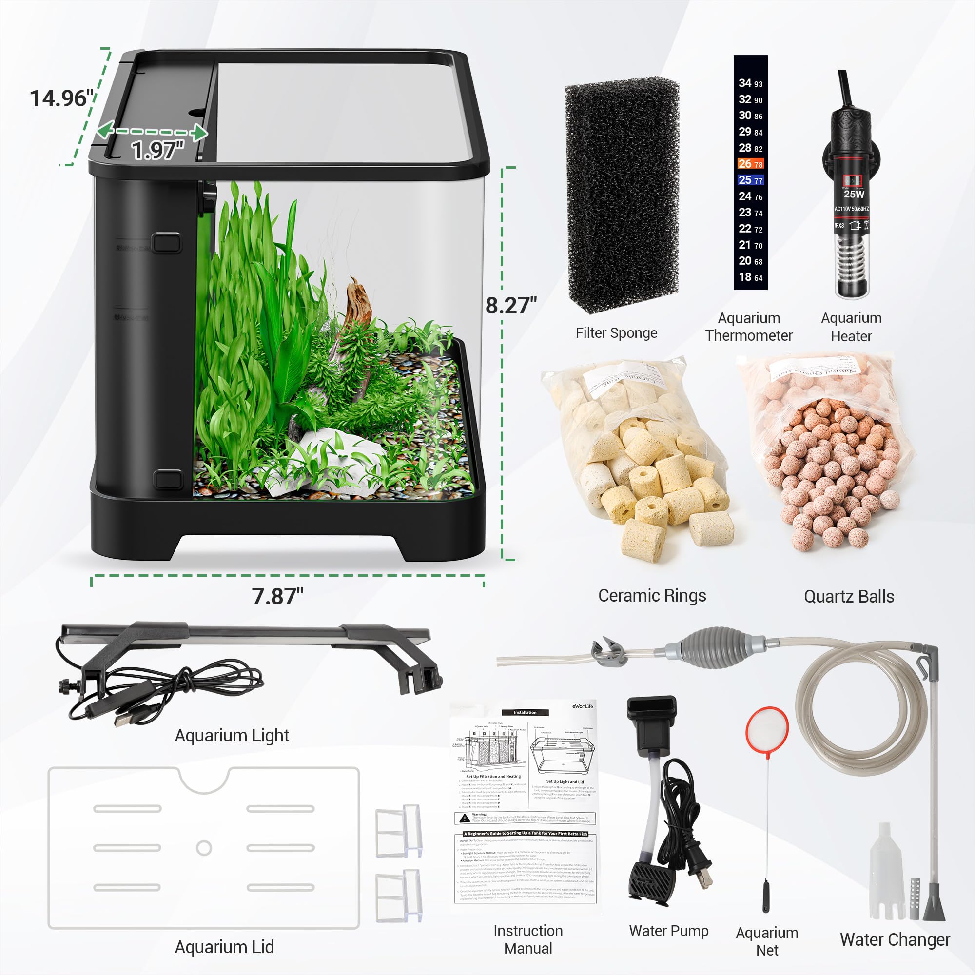 eWonLife petit aquarium de bureau compact pour espace restreint.