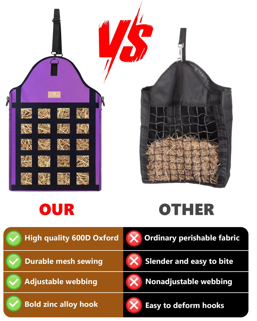 Excoutsty sac à foin: ouvertures supérieures larges, remplissage sans effort.