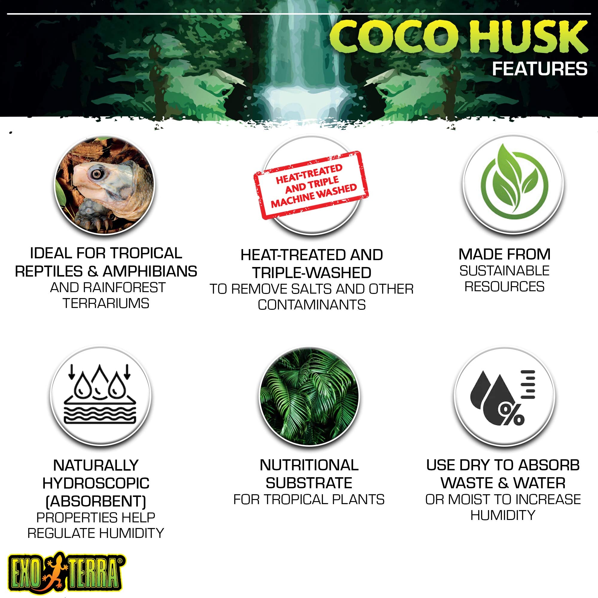Exo Terra Coco Husk augmente l'humidité dans le terrarium pour un microclimat stable.