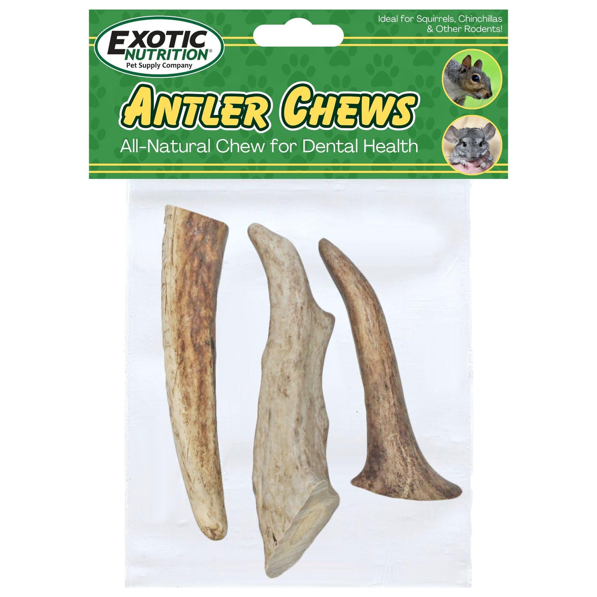 Exotic Nutrition Antler Chews: emballage et origine USA pour petits rongeurs.