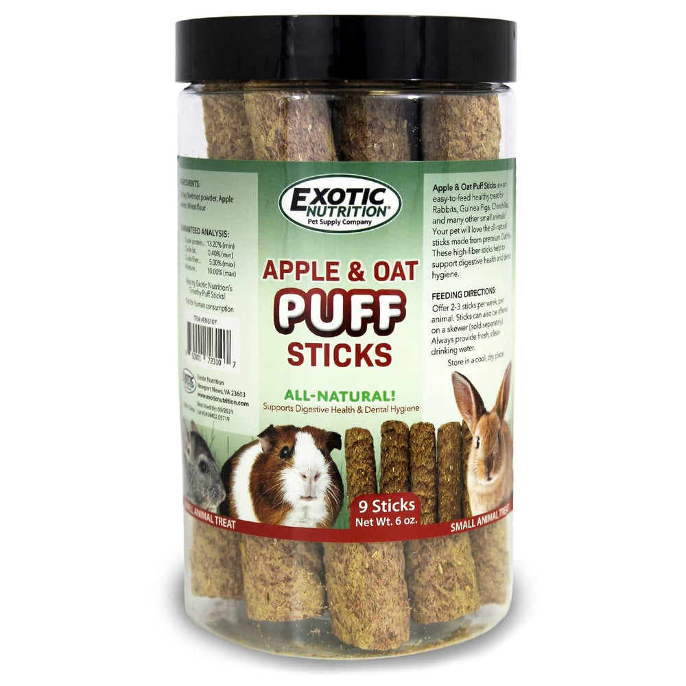 Emballage des Apple & Oat Puff Sticks avec le logo Exotic Nutrition visible.