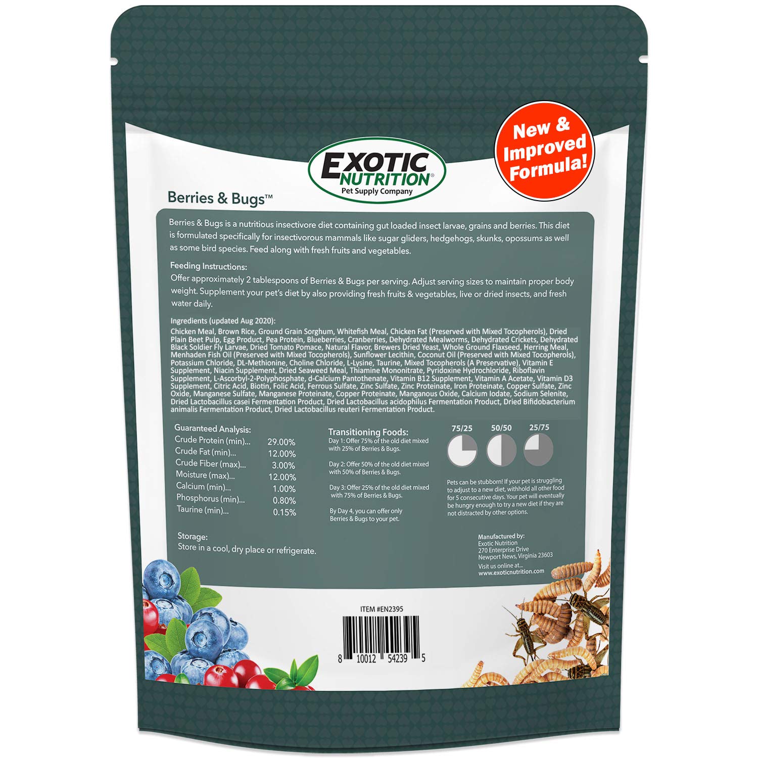 Exotic Nutrition Berries & Bugs, melange insectes et fruits, aliment complet pour insectivores.
