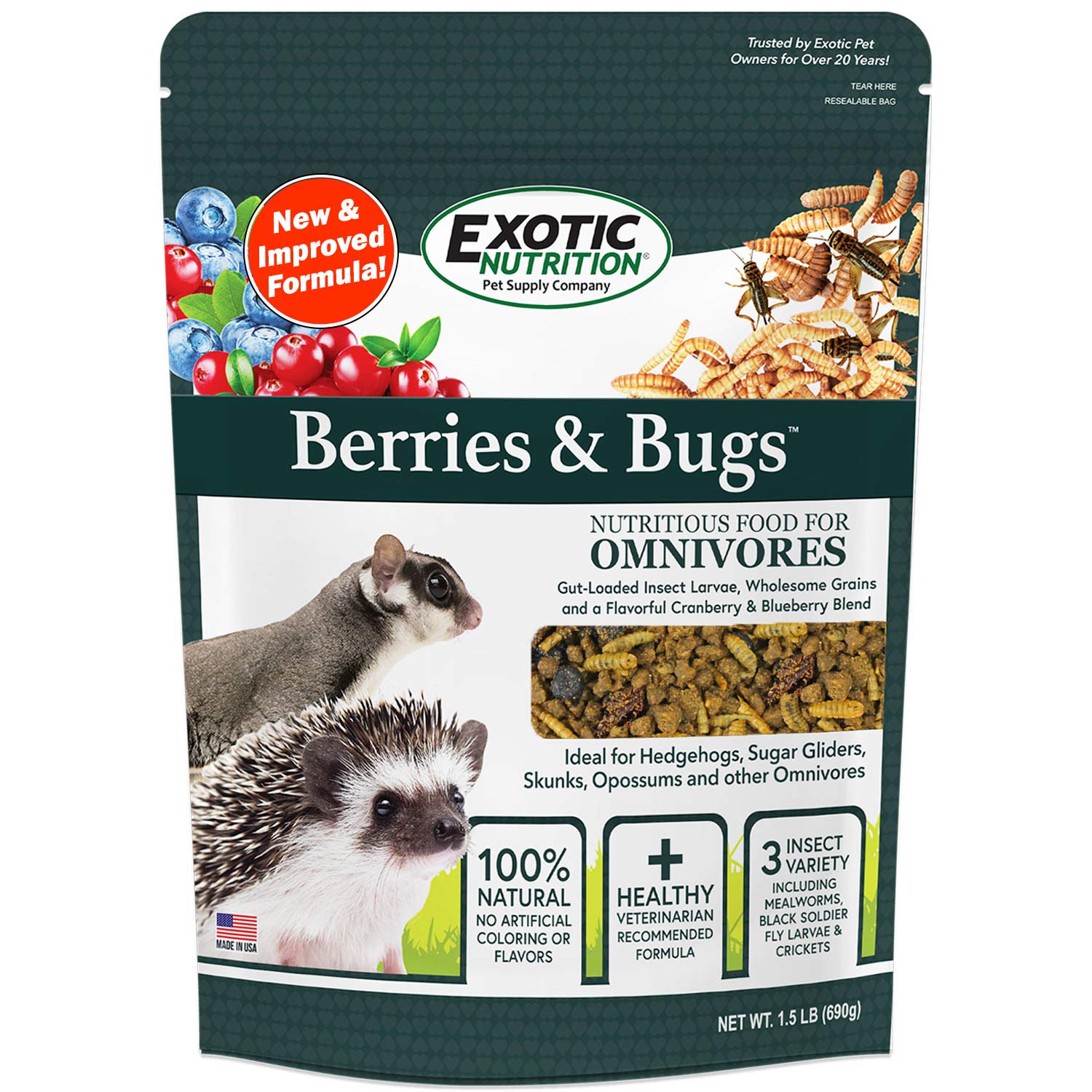 Exotic Nutrition Berries & Bugs, sac hermetique 3 livres, conserve la fraicheur.