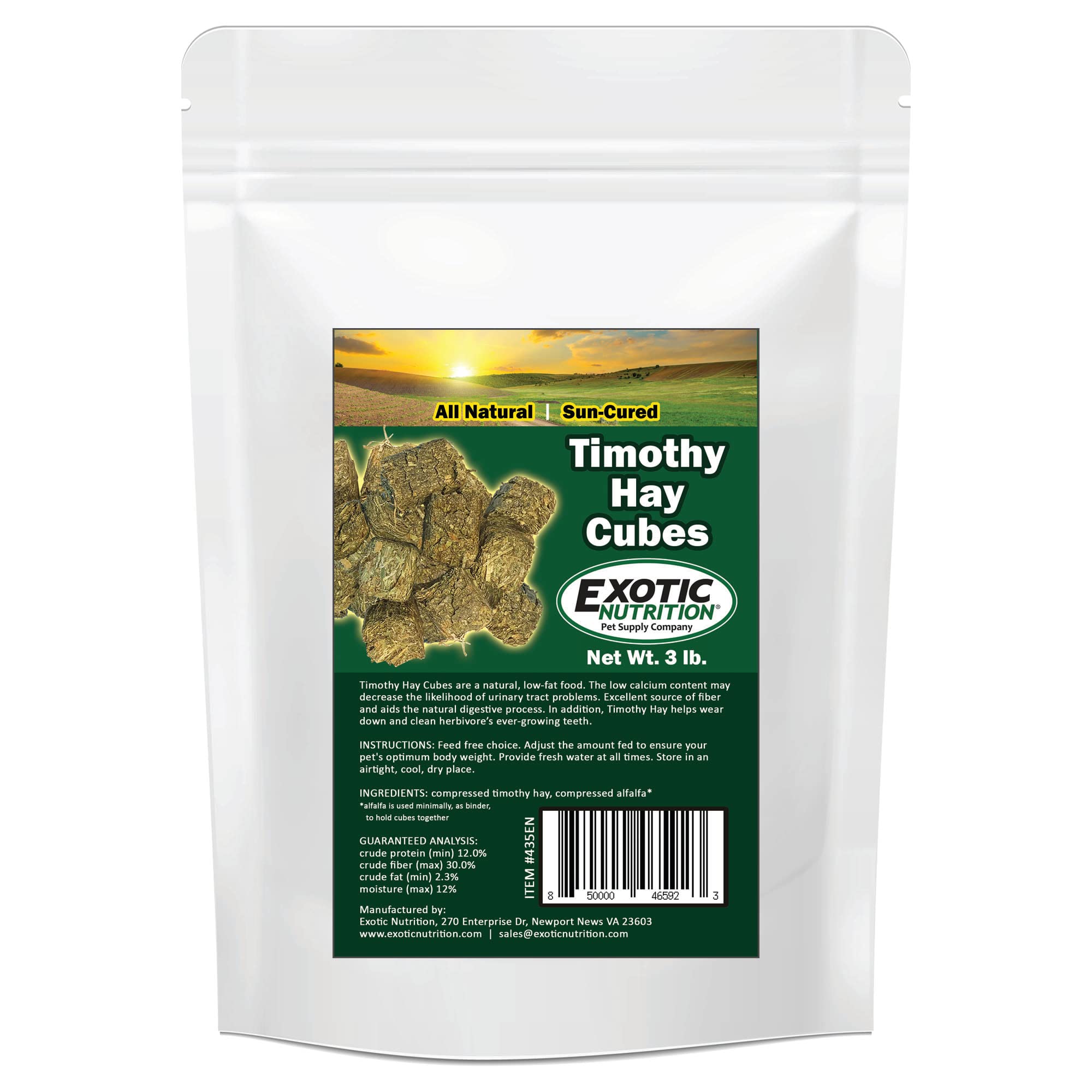 Exotic Nutrition: cubes de foin de Timothy 3 lb, favorisant la digestion et la mastication.