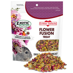 Exotic Nutrition Flower Fusion Treat emballage pratique, friandise naturelle pour petits herbivores.