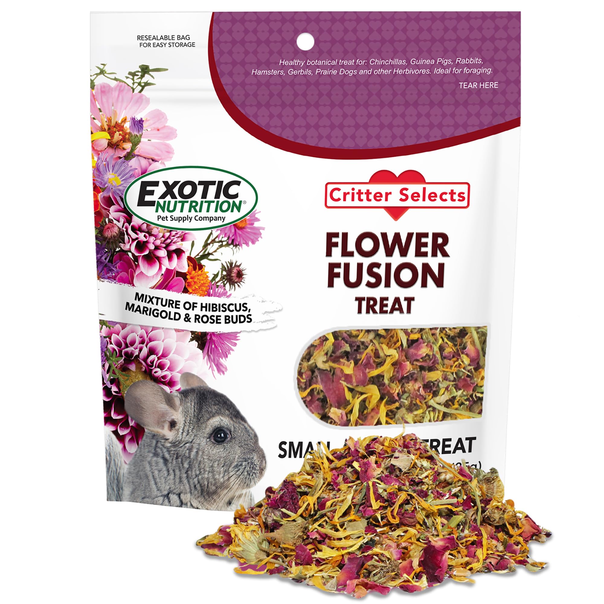 Emballage Friandise Fusion de Fleurs Exotic Nutrition prête à offrir aux herbivores.
