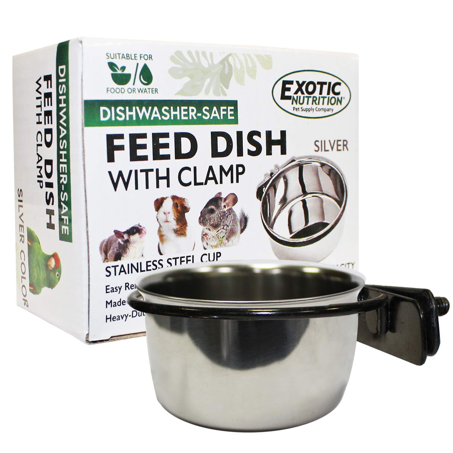 Exotic Nutrition gobelet acier inox avec support et montage sur cage.