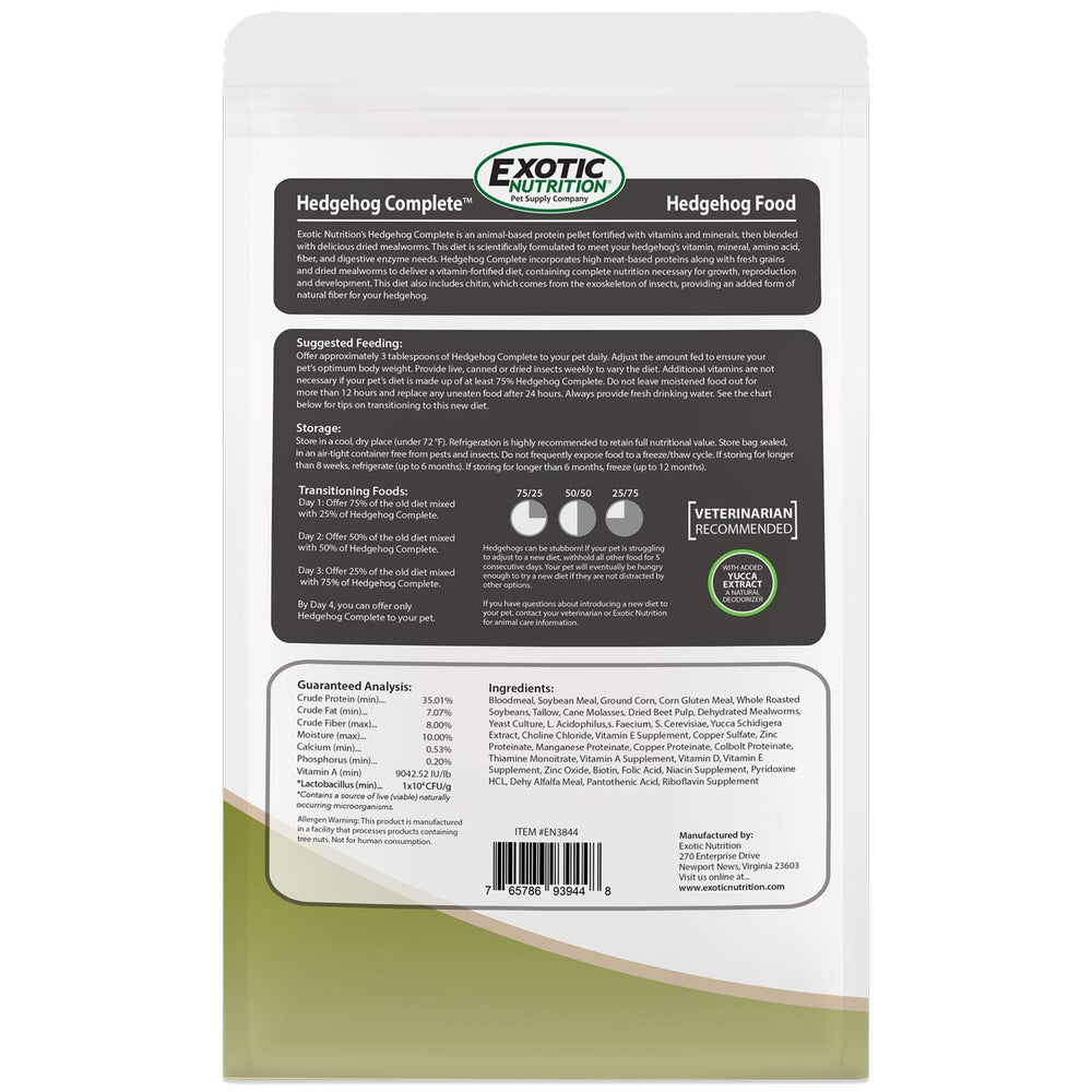 Exotic Nutrition Hedgehog Complete: formulation approuvée par vétérinaire pour les hérissons.
