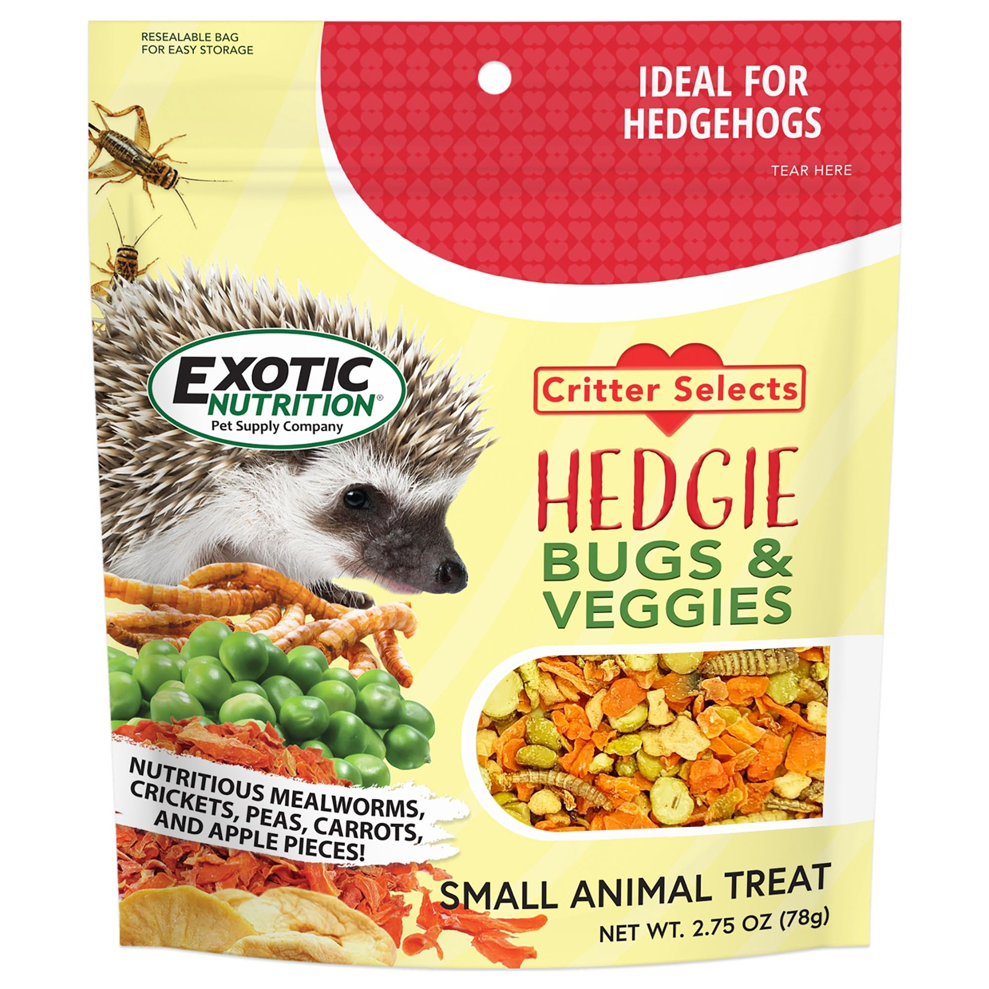 Friandise Exotic Nutrition Hedgie Bugs veggie en emballage prête à offrir au hérisson.