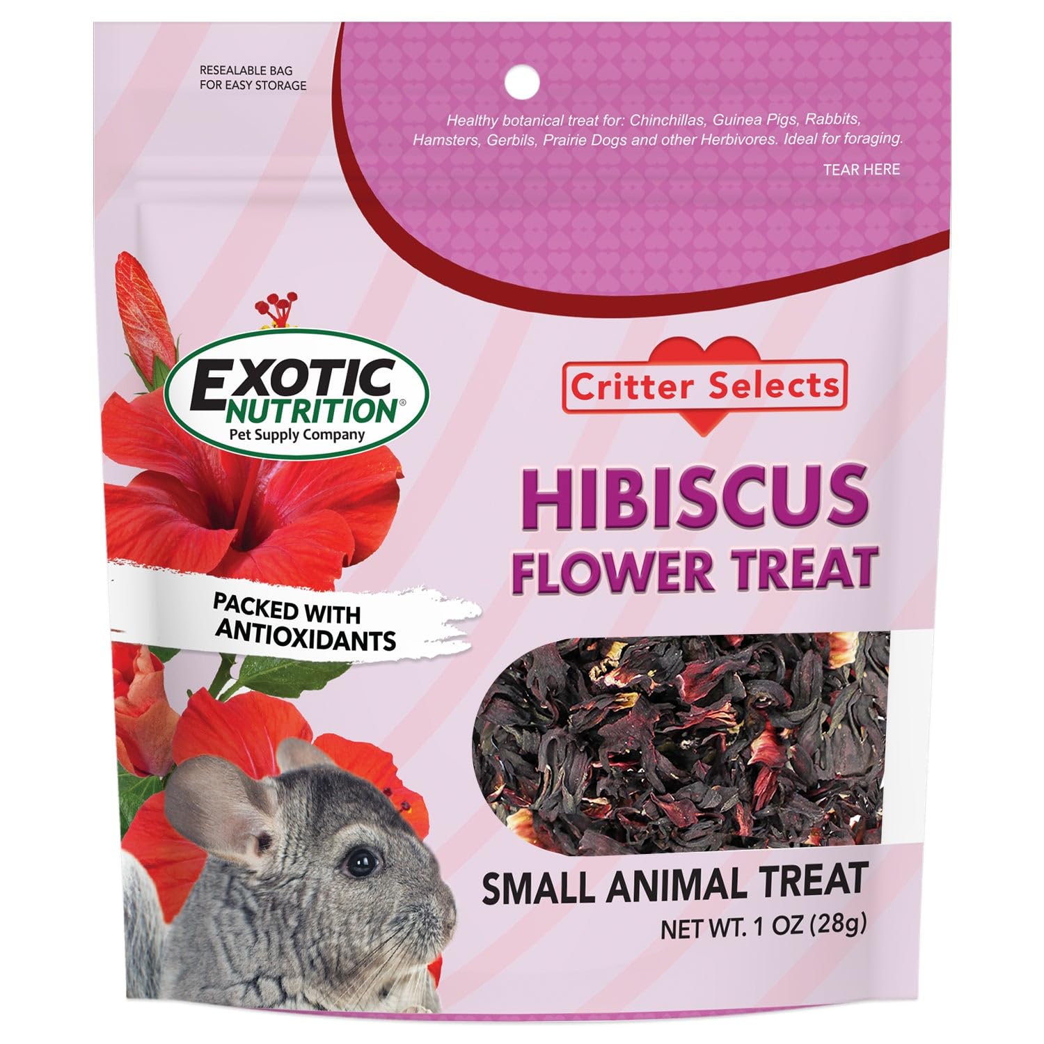 Exotic Nutrition hibiscus-fleurs-seches: friandise saine riche en fibres pour animaux herbivores.