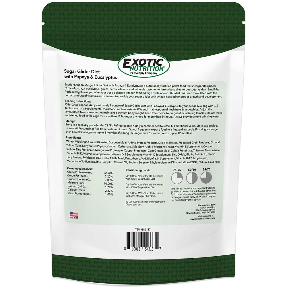 Exotic Nutrition - ingrédients papaye et eucalyptus pour le régime du marsupial volant.