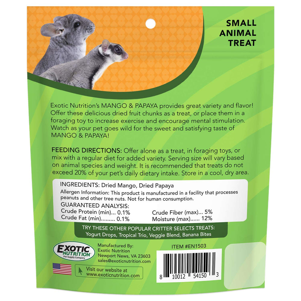 Exotic Nutrition Mangue et Papaye: idéal pour divers petits animaux comme marsupiaux volants et hérissons.