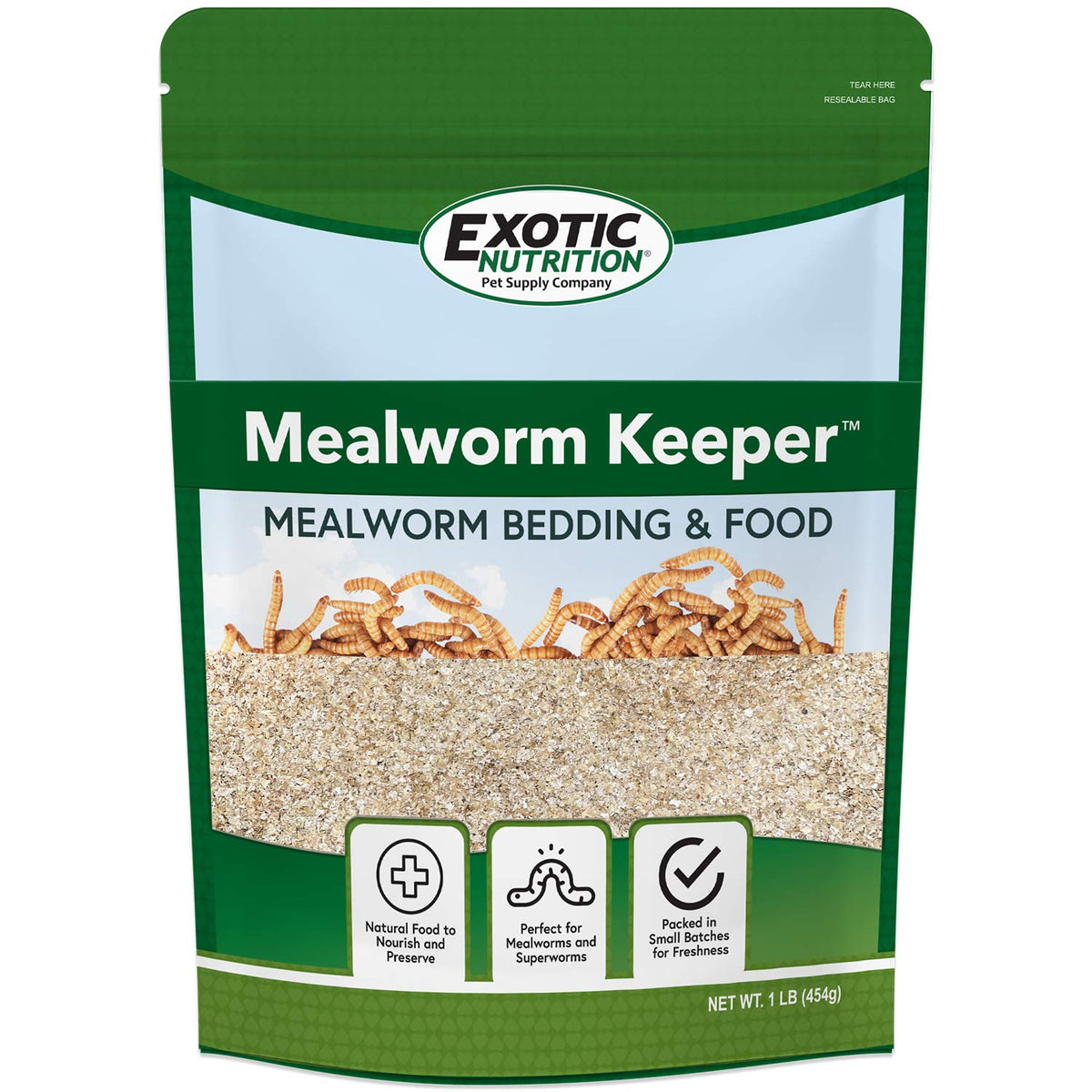 Exotic Nutrition Mealworm Keeper – emballage prêt pour l’élevage sain des vers de farine.