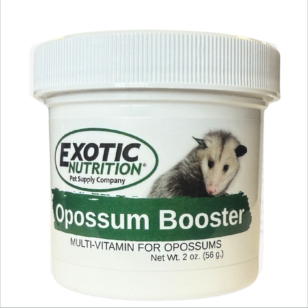 Exotic Nutrition Opossum Booster, bouteille-poudre, soutien nutritionnel quotidien pour opossums.