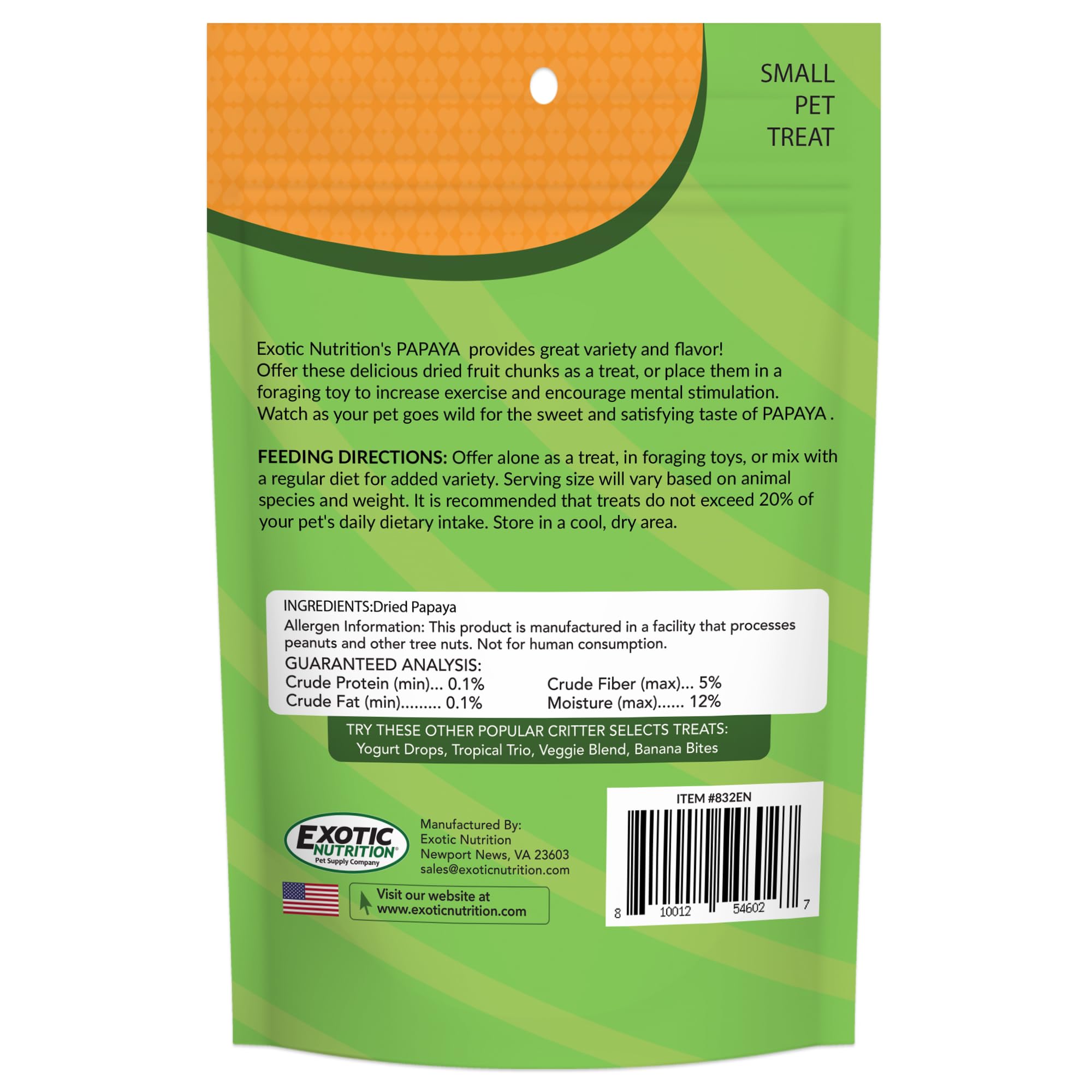 Exotic Nutrition Papaye cubes seches soutiennent la dentition et l’exercice des mâchoires.