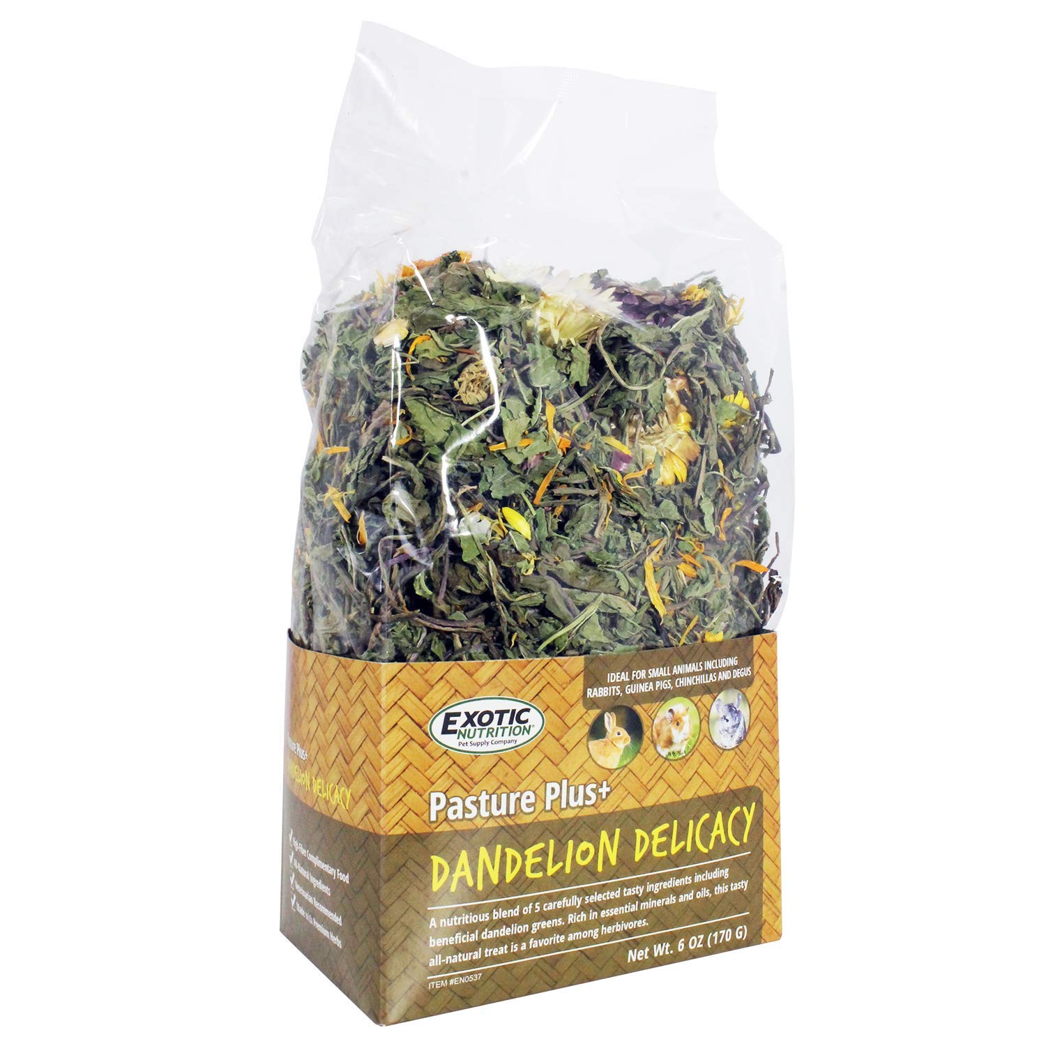 Exotic Nutrition Pasture Plus Dandelion Delicacy : morceaux secs faciles à ajouter au repas quotidien.