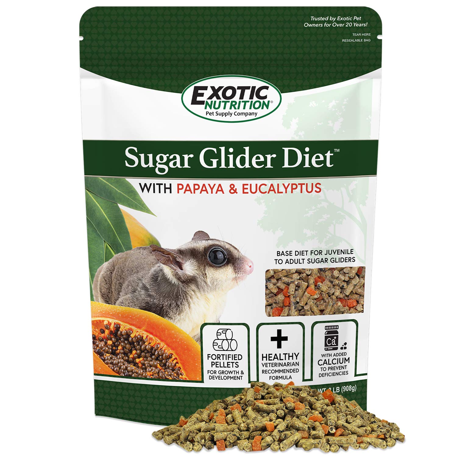 Exotic Nutrition - emballage du régime marsupial volant papaye et eucalyptus, pratique et stockable.