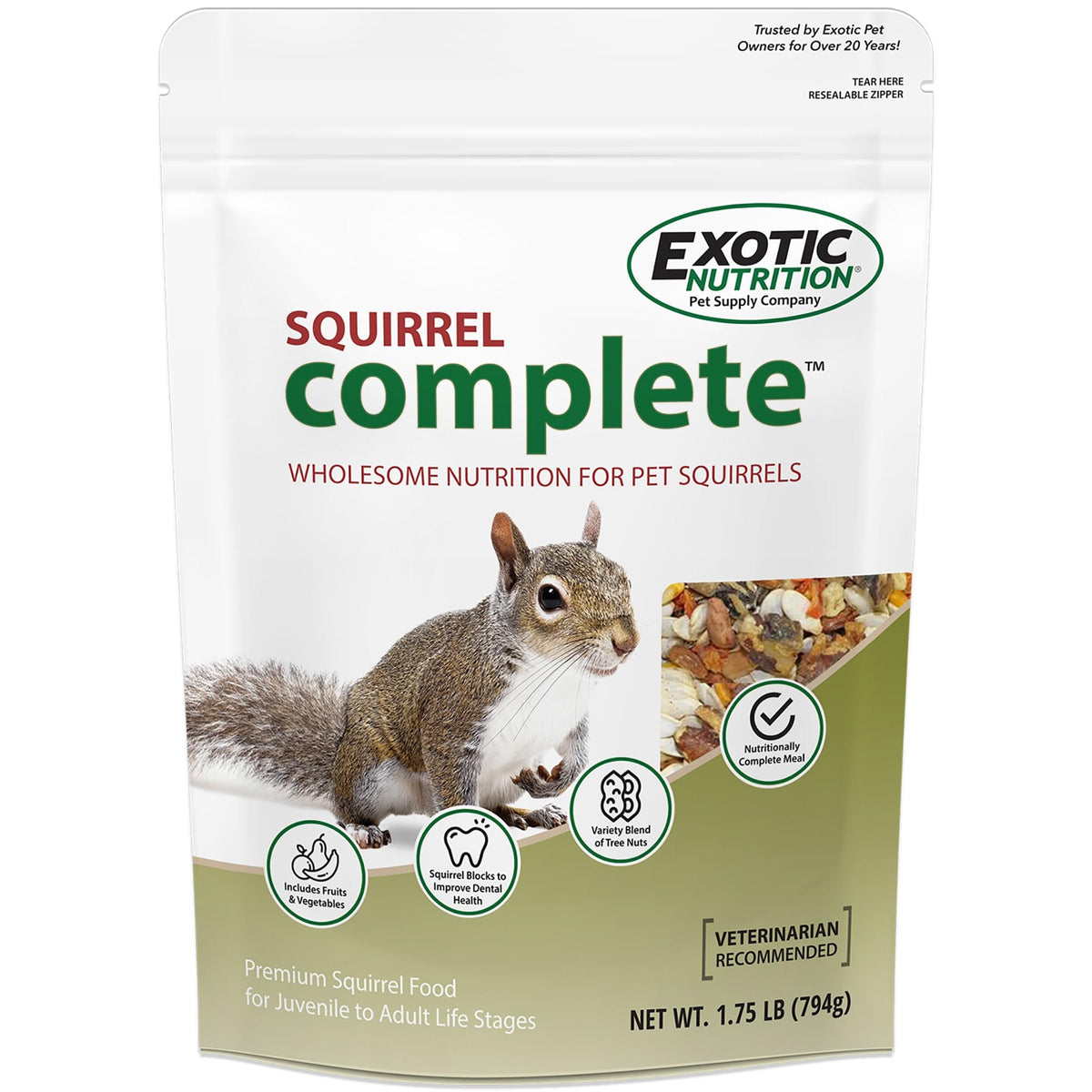 Exotic Nutrition Squirrel Complete dans un bol, alimentation équilibrée pour écureuils de compagnie.