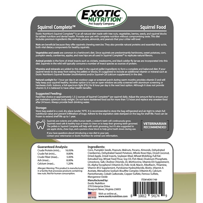 Emballage tub Exotic Nutrition Squirrel Complete, pratique et frais pour les repas des écureuils.