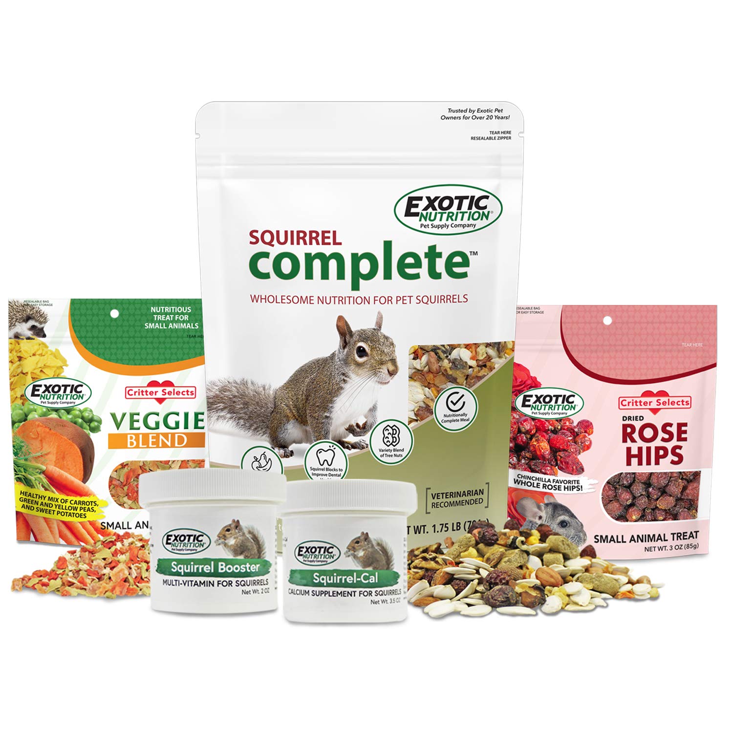 Exotic Nutrition - ensemble visuel du pack, soutien à une alimentation complète pour écureuils.