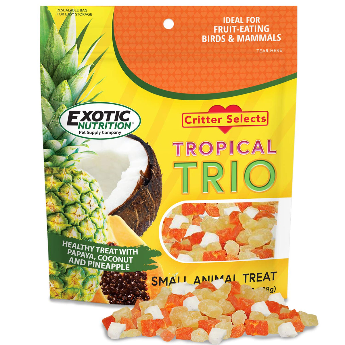 Exotic Nutrition Tropical Trio: emballage visible, présentation pratique pour offrir ce mélange fruité.