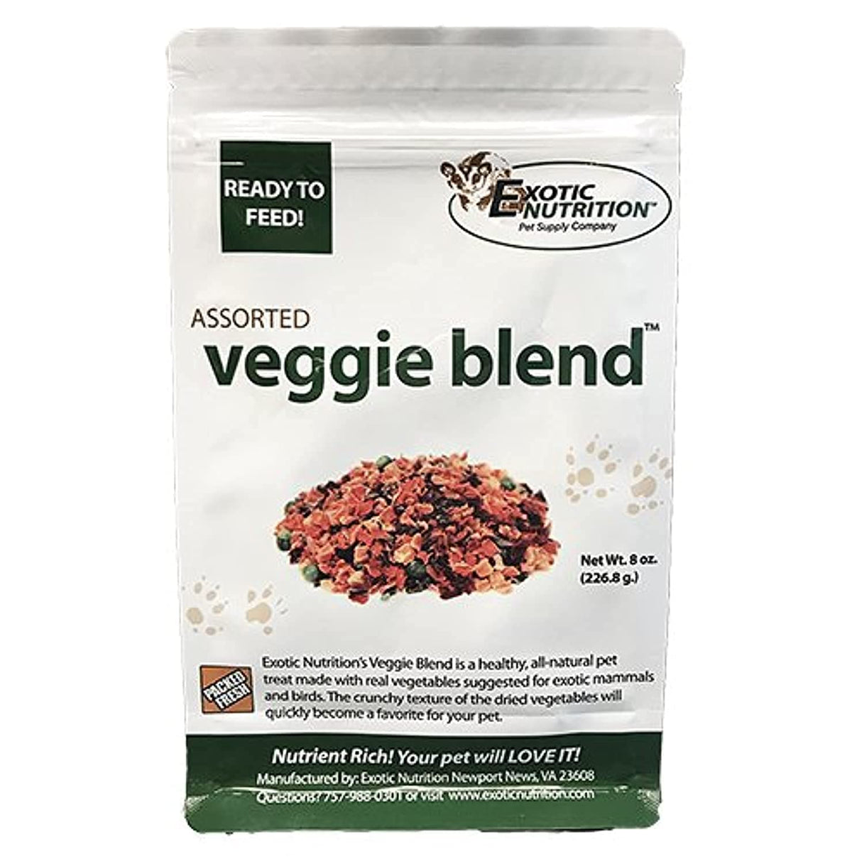 Exotic Nutrition Veggie Blend — emballage clair, friandise végétale variée pour petits herbivores