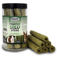 Exotic Nutrition Timothy Puff Sticks en pot, friand croquant pour petits herbivores.