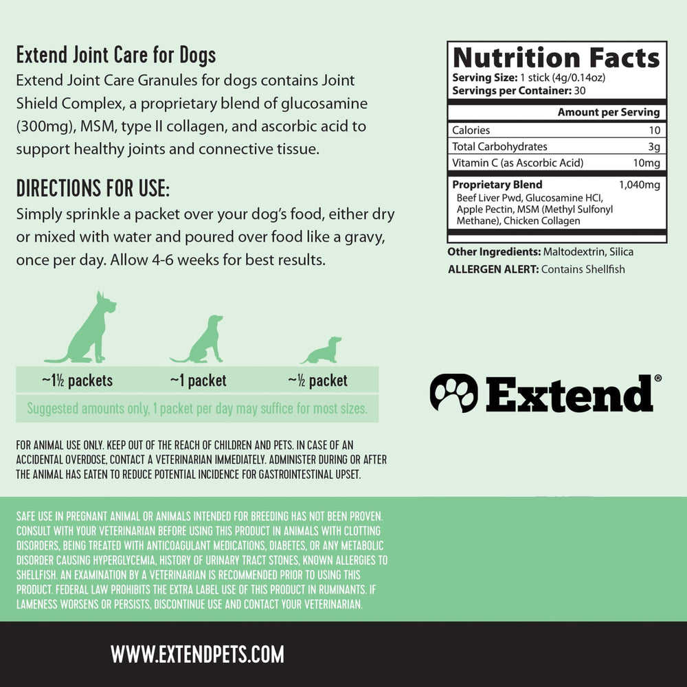 Extend emballage affichant les bénéfices pour les articulations du chien.