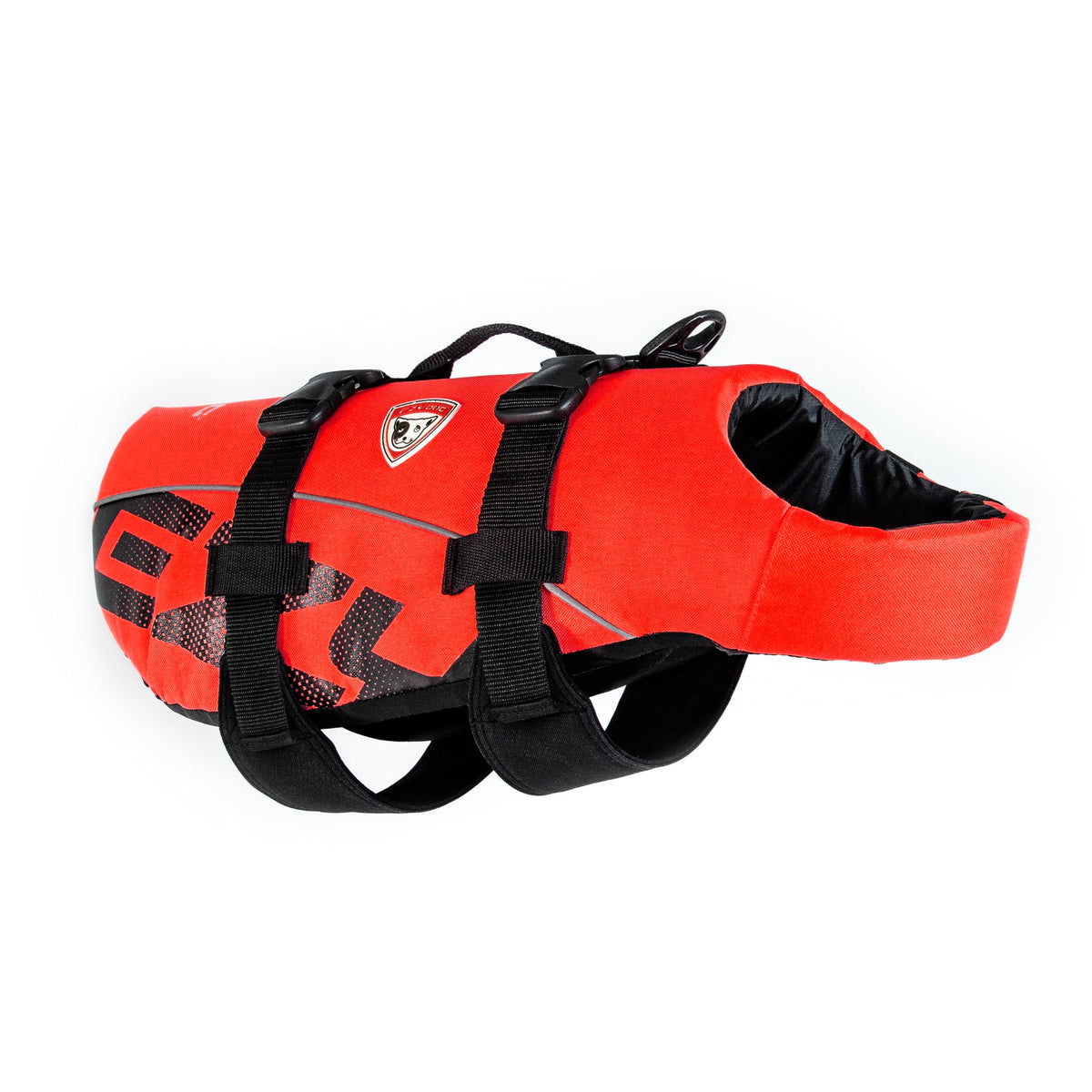 Gilet de sauvetage EzyDog DFD rouge – vue avant, flottabilité accrue.
