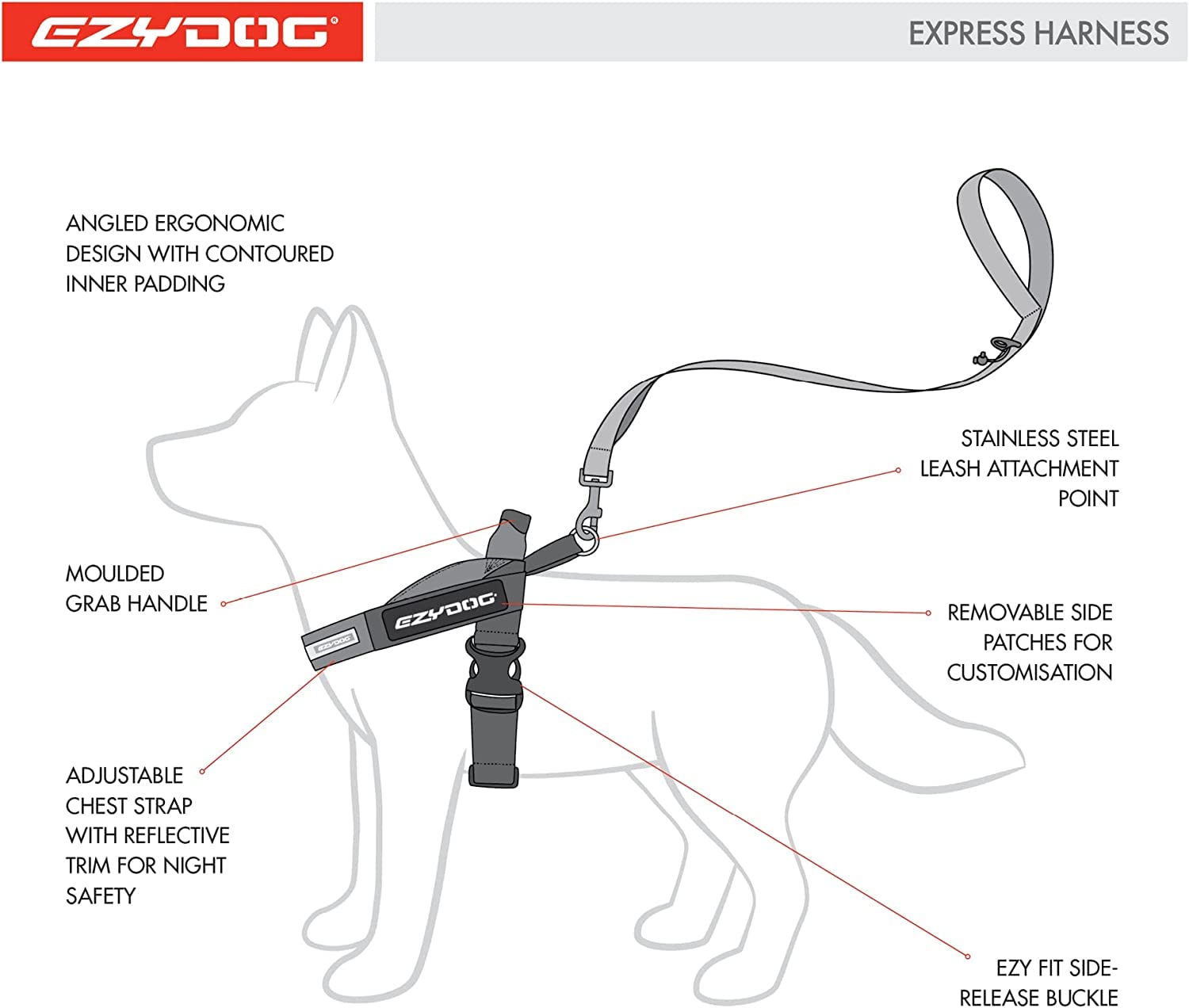 Harnais EzyDog Express, taille réglable pour s’adapter à toutes les tailles.