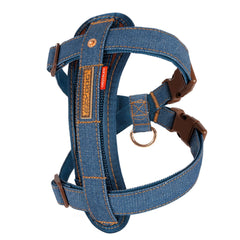 Harnais EzyDog poitrine denim anti-tir pour promenades sûres et confortables.