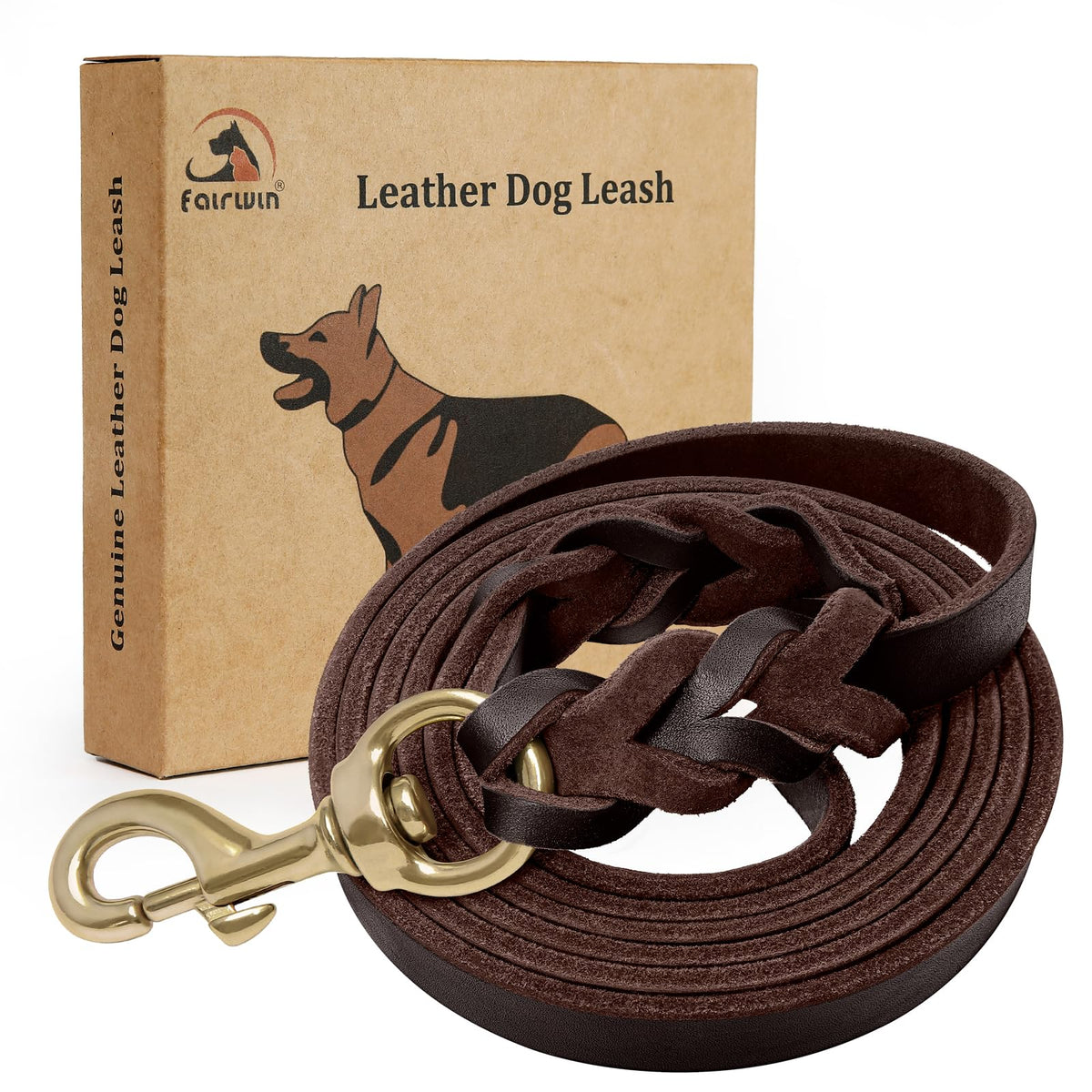 Fairwin laisse cuir vrai tressé, durable pour promenades quotidiennes.