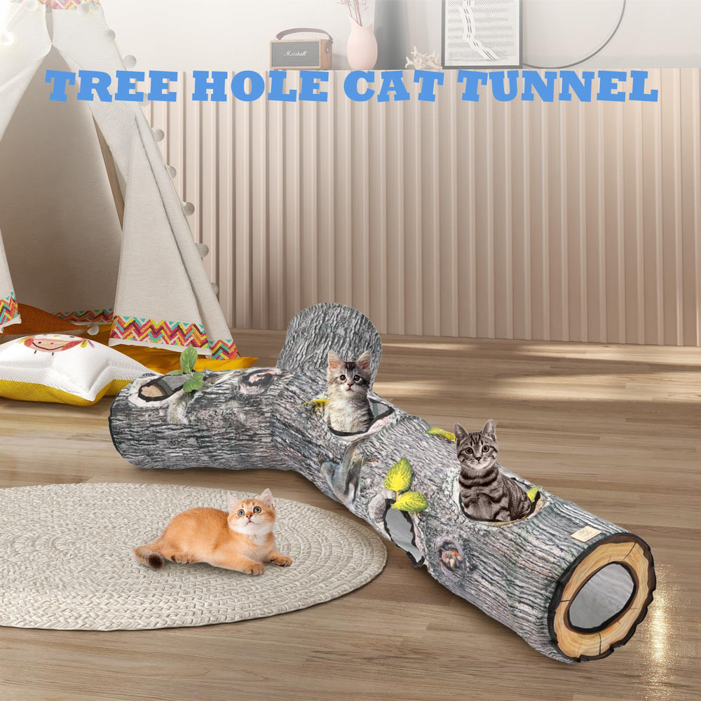 Falukasa tunnel-tronc-arbre-chat-feuilles-detailles: décor feuilles réaliste pour immersion des chats.
