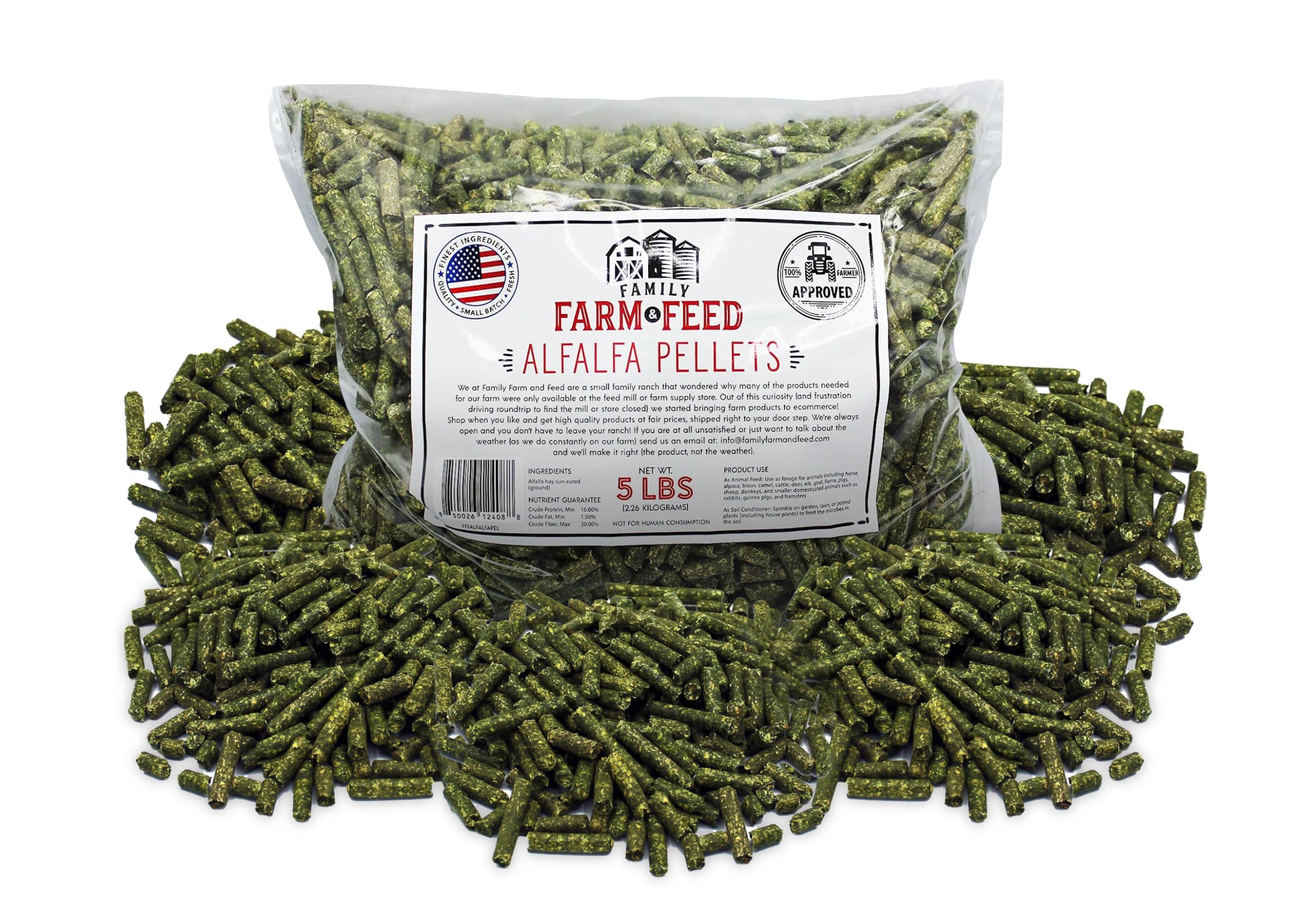 Family Farm and Feed alfalfa pellets 5 lb, emballage clair, pratique et protéinée.