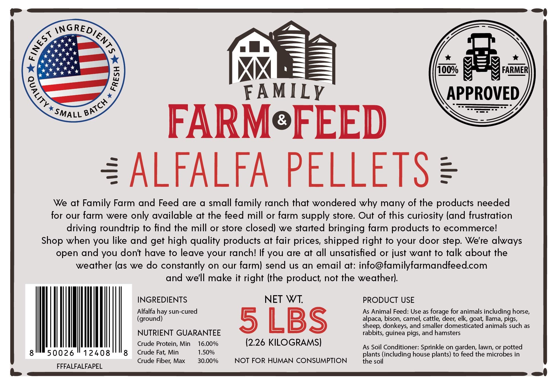 Family Farm and Feed alfalfa pellets usage pour petits animaux, nourrissant et équilibré.