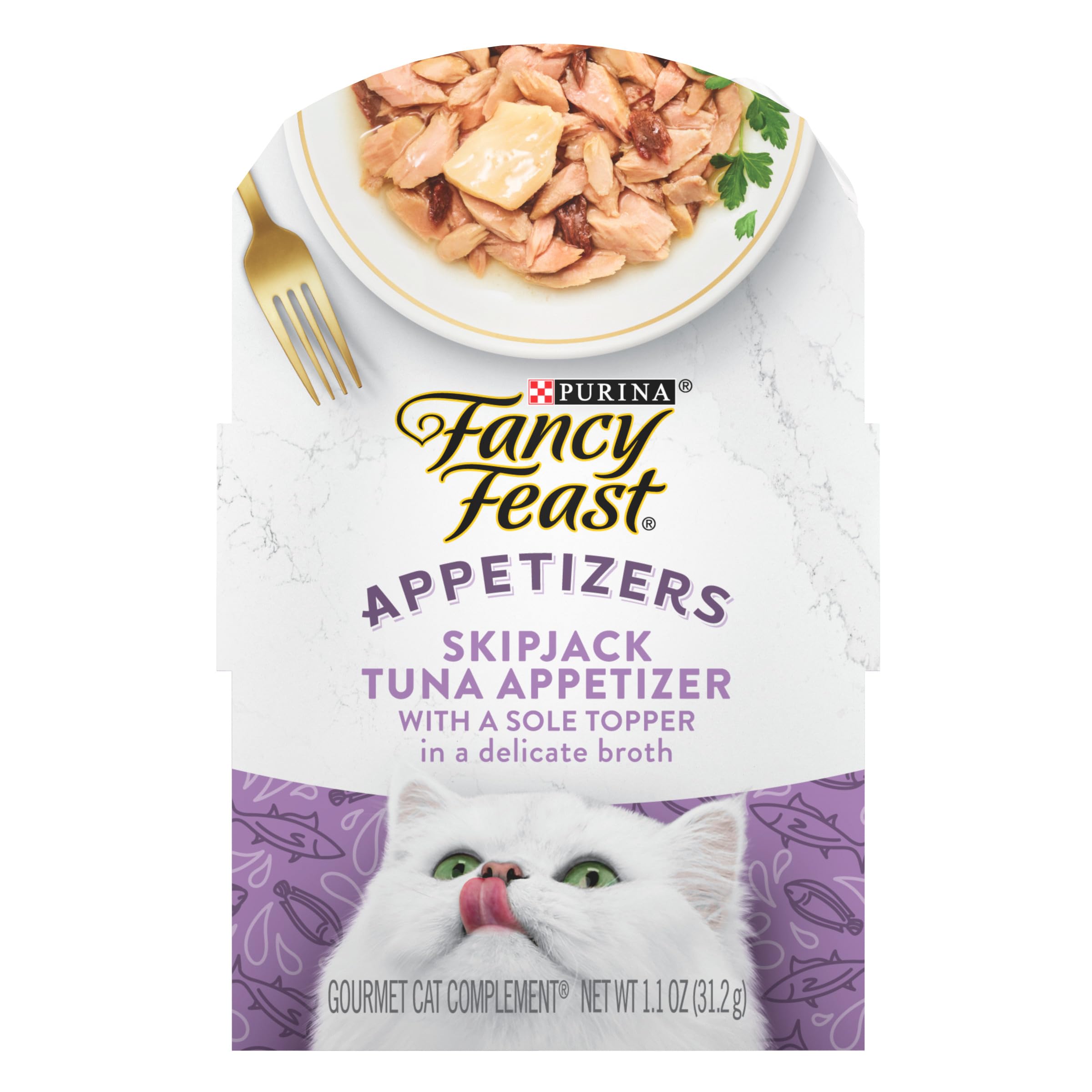 Purina Fancy Feast Appetizers tranches thon oblong et sole, présentation appétissante dans un plateau.